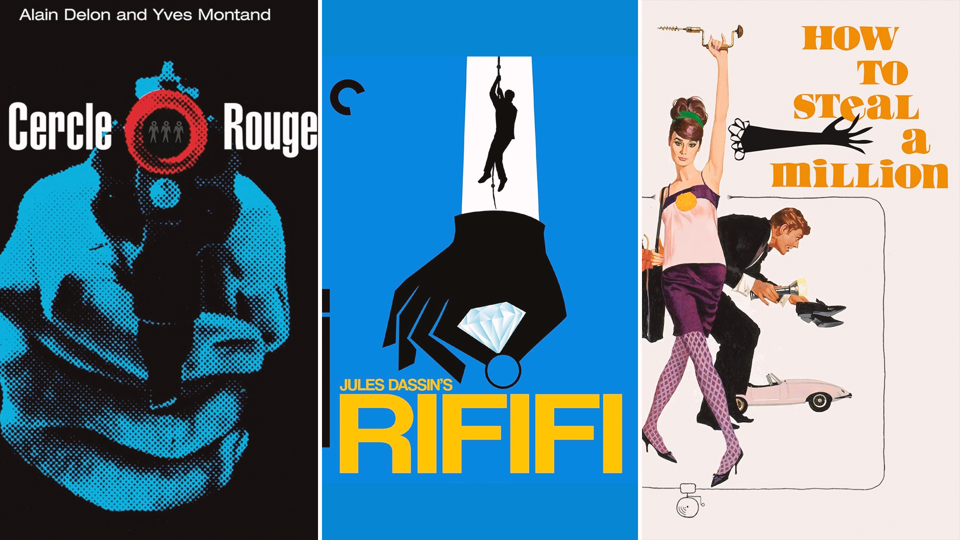 Louvre robbery got you feeling heisty? Here are 20 films to scratch that itch 5 From left, a poster showing a pointed gun with the title; stylized image of a hand below a man descending a rope above the title; and a man and woman next to the title